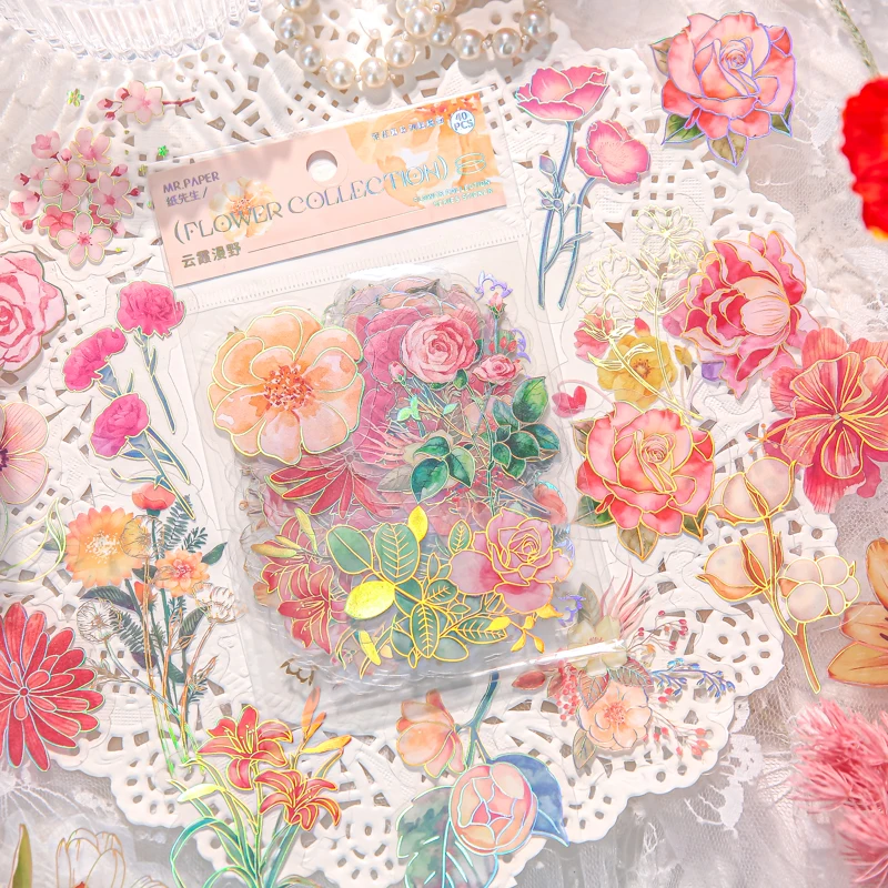 40 Sheets Fanhua Collection Sticker Pack Fresh Gold Stamped Flower Phone Case Card Card Base Decoration Decal 6 models