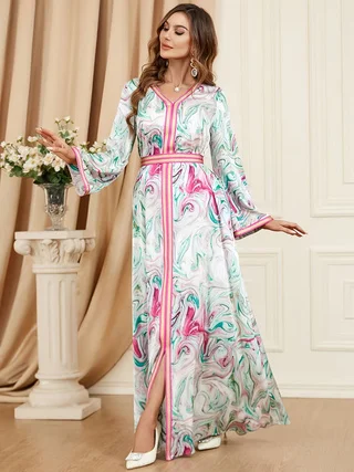 

Plus size v-neck with waist belt and strap splicing elegant long sleeve women's fashion dress