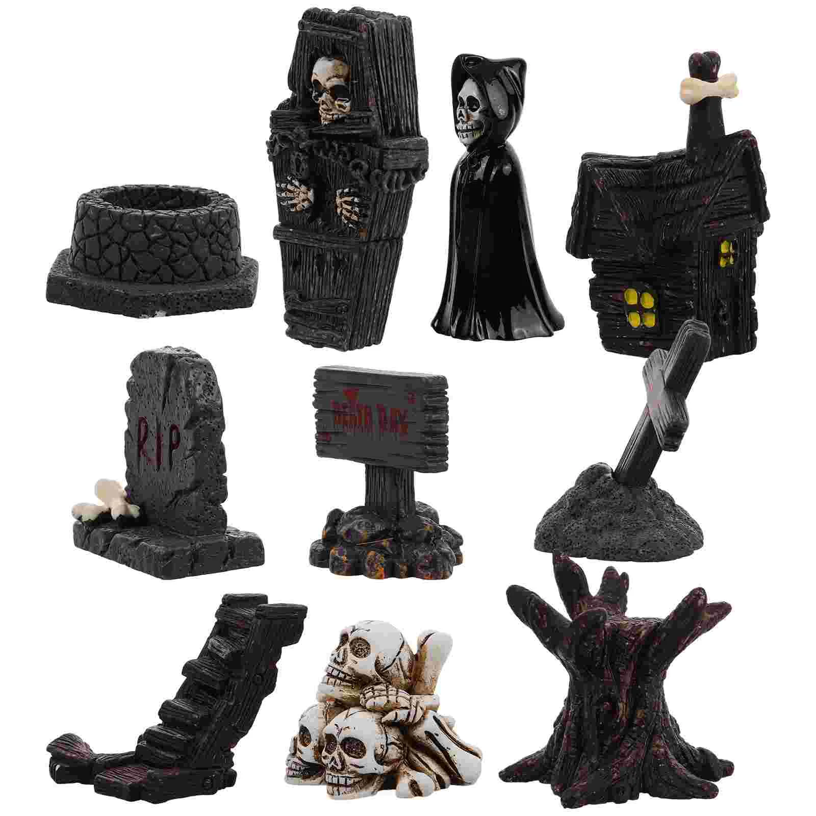 10 Pcs Desktop Halloween Baubles Mini Tombstones Figurine Haunted House Resin Miniature Accessories