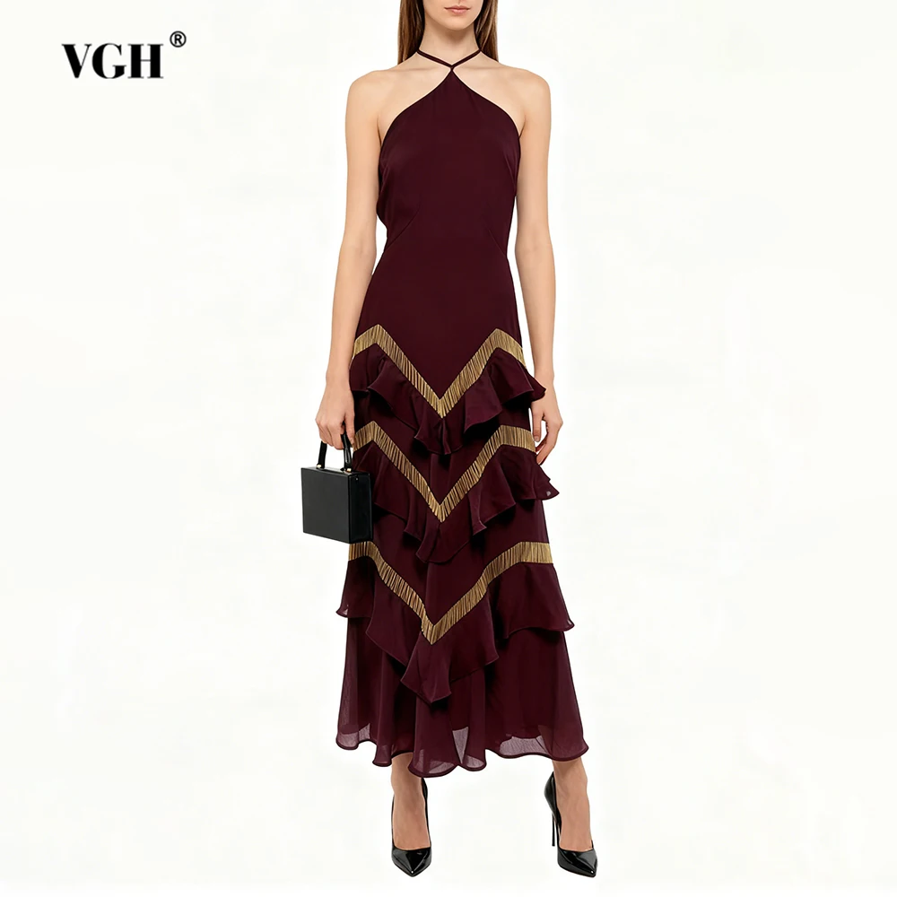 

VGH Elegant Hit Color Slimming Dinner Dresses For Women Square Collar Sleeveless High Waist Ruffle Elegant Dress Female Fashion