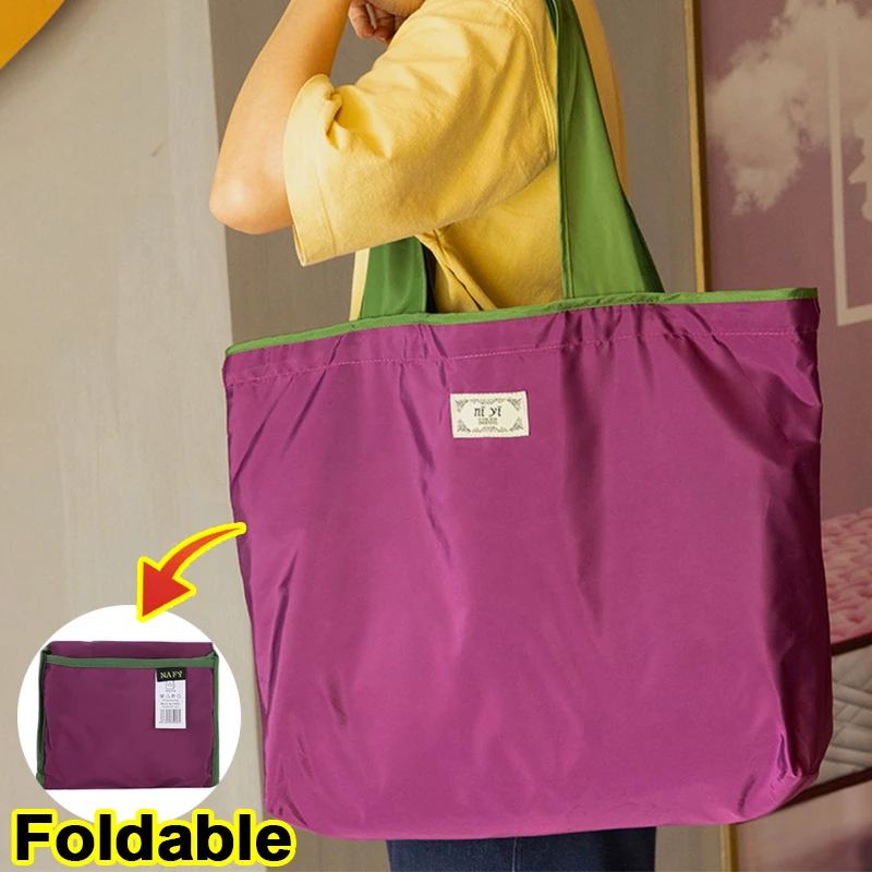 

Large Capacity Reusable Grocery Bag Foldable Supermarket Shopping Bags Clash Waterproof Drawstring Travel Shoulder Ladies Tote