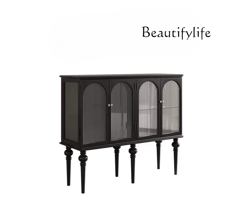 

French solid wood living room dining side cabinet retro display wine cabinet glass door floor storage cabinet