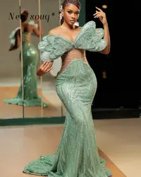 Aso Ebi Mint Green 3D Butterfly Design Long Mermaid Evening Dresses Beaded Crystals Black Girls Formal Gowns Wedding Party Wear