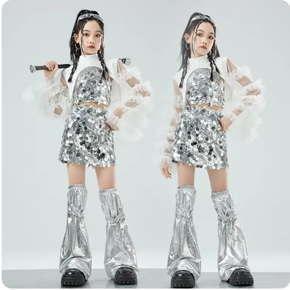 Strój do tańca jazzowego dla dziewcząt, srebrny, cekinowy, strój sceniczny Kpop, odzież dziecięca, moda uliczna, błyszczące topy, spódnica yj303