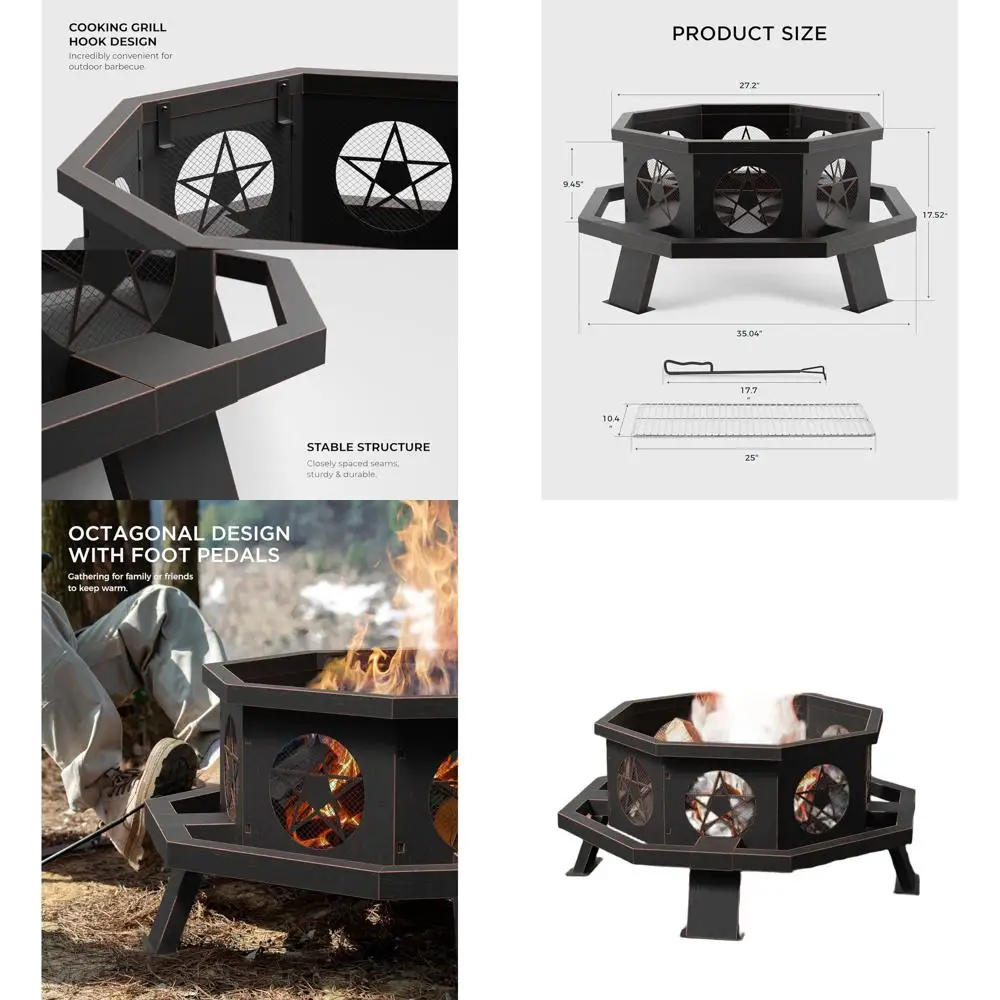 

Восьмиугольная яма для выжигания древесины на открытом воздухе с грилем для приготовления пищи и покера, сверхпрочная для заднего двора и патио, бронза