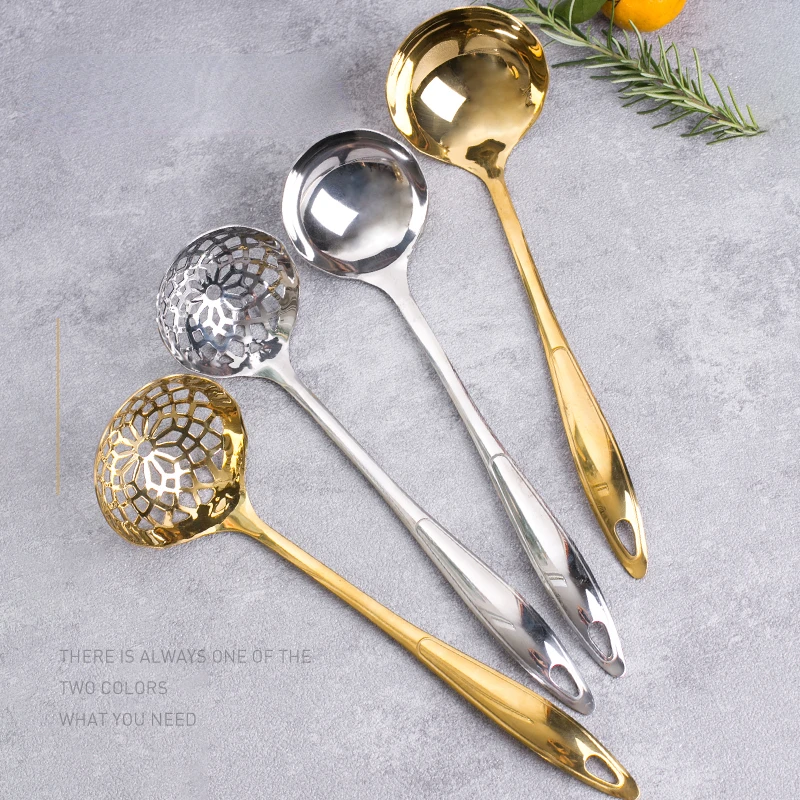 Commercial Long Handle Stainless Steel Soup Spoon, Hot Pot Spoon, Large Golden Soup Spoon, Hot Pot, 2 in 1