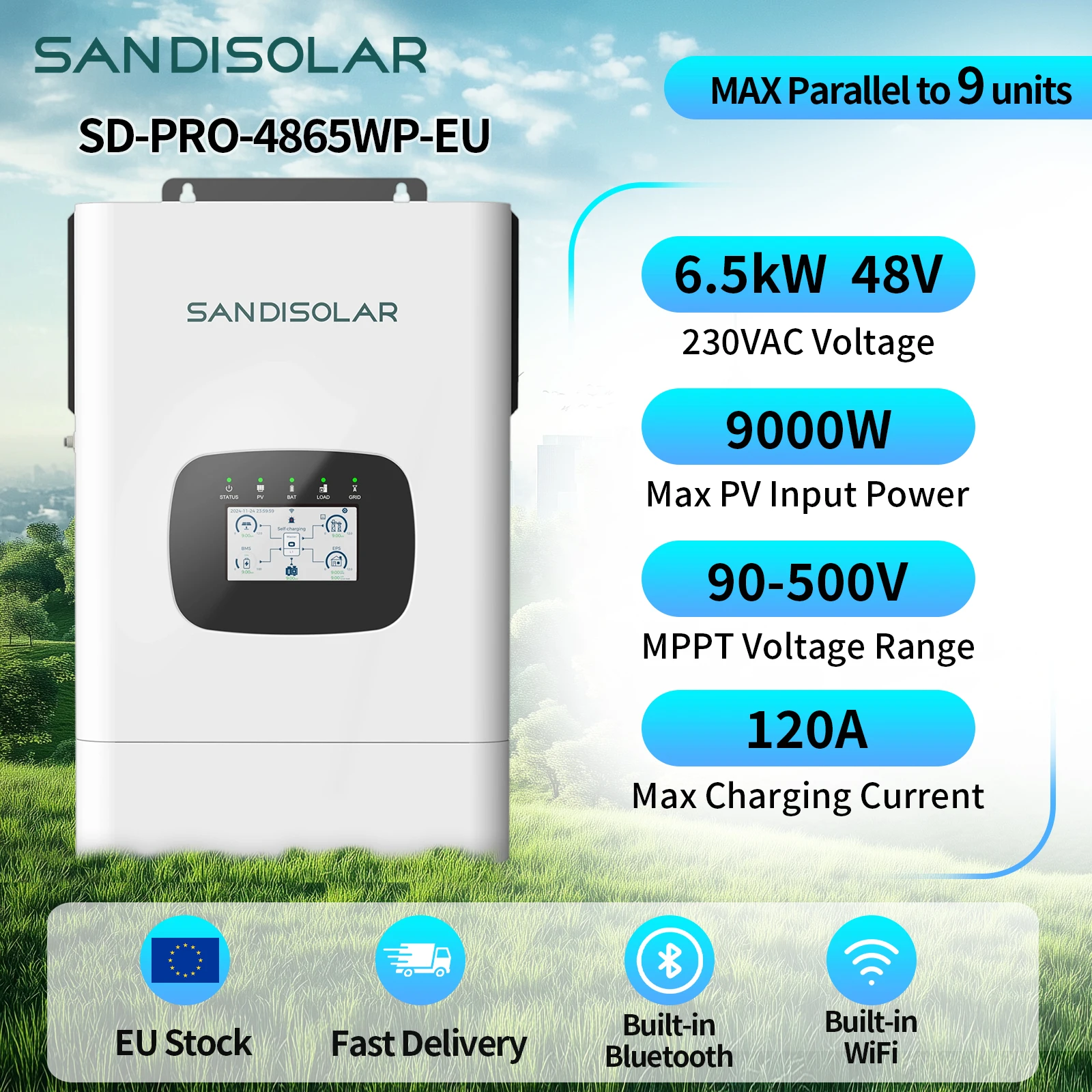 SANDISOLAR 6,5kW Solar-Wechselrichter Hybrid 48V 9000W PV-Eingang Doppelter AC-Ausgang Unterstützt Parallelschaltung von 9 Einheiten für Erweiterbare Systeme