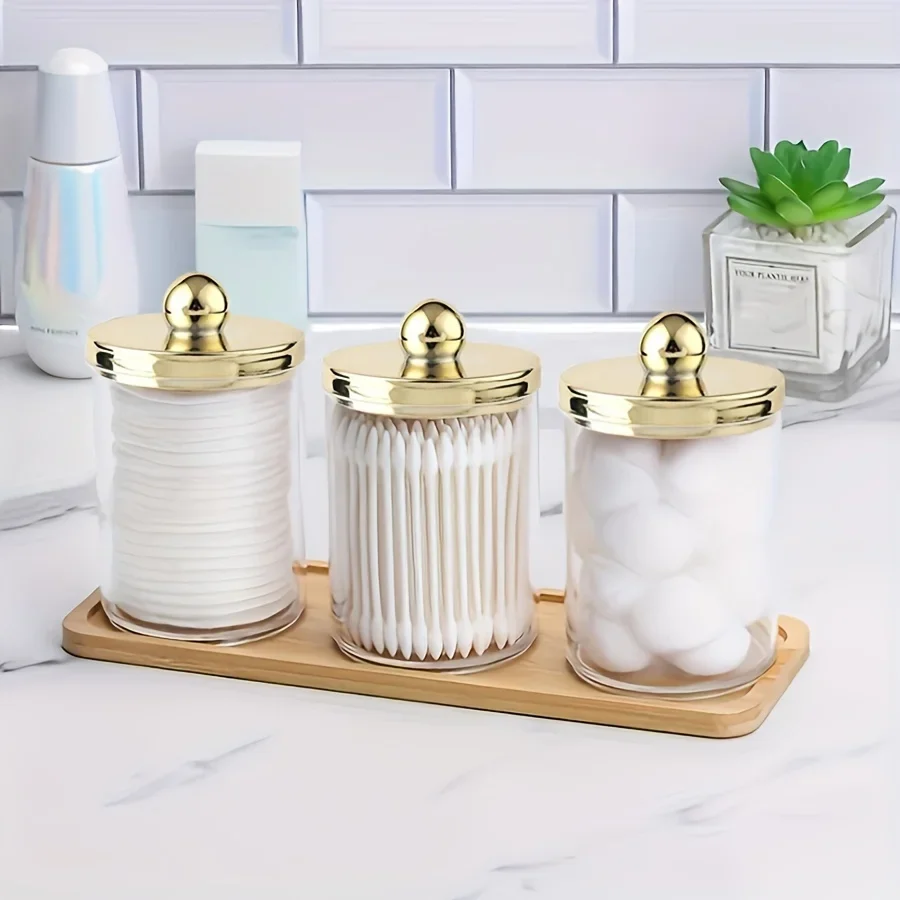 3 Piece Bathroom Organizer Set - Acrylic Cotton Swab Holder with Lid And round Dispenser for Floss Vanity Storage Accessory