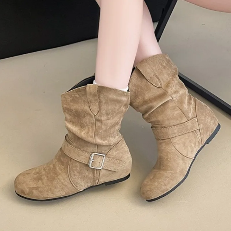 

Fashion Suede Flats Women Short Boots 2025 Designer Casual Shoes Winter New Cozy Ankle Boots Walking Buckle Zapatillas De Mujer