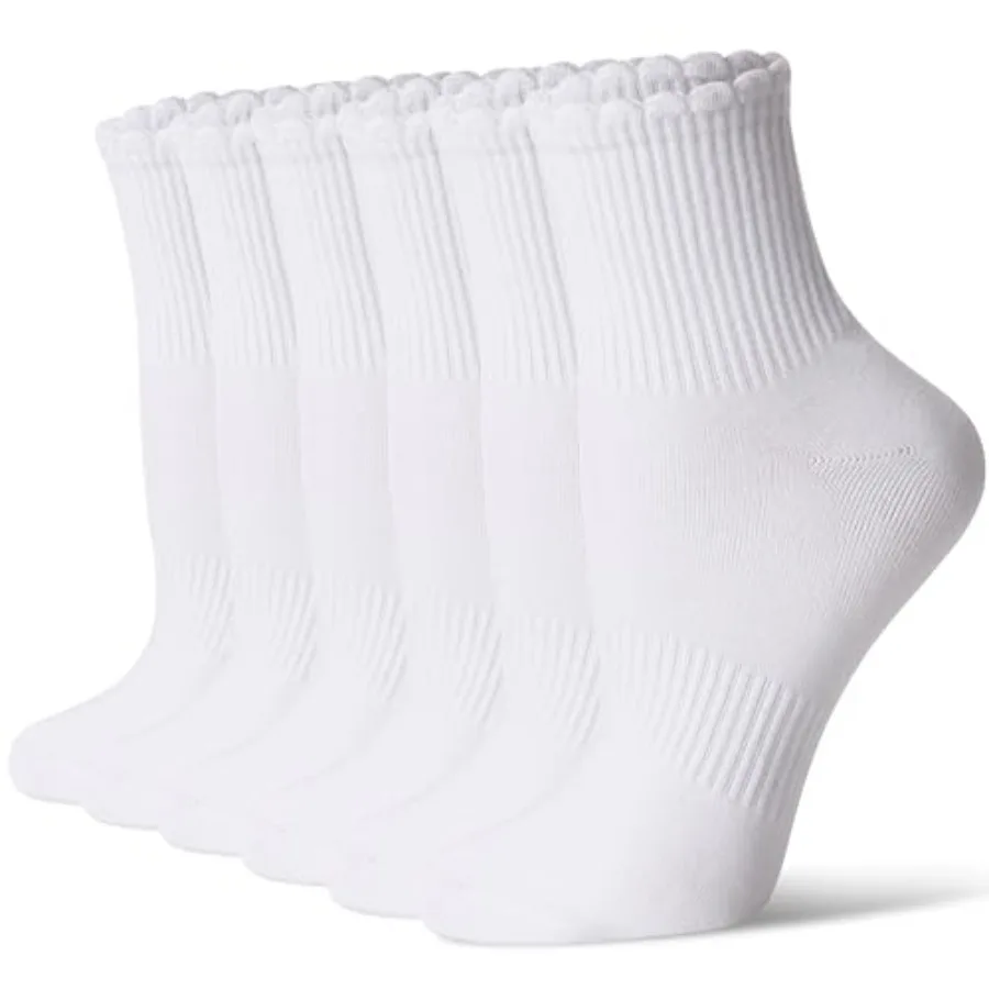 

CS CELERSPORT Mini Crew Ankle Socks for Women With Scalloped Top Design Casual Cotton Socks 6 Pairs