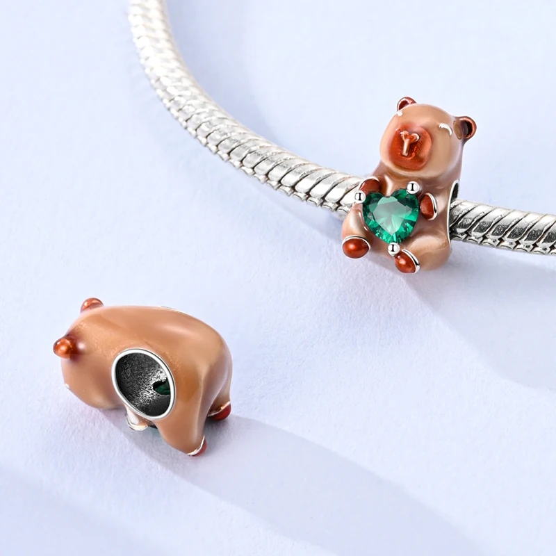 925 Sterling Silver Cute Bear Hugs Heart Charms Bead CZ Greed Zirconium Dangle Fit Original Bracelet DIY Women Jewelry Gift