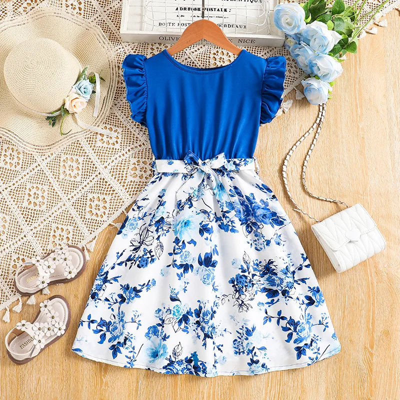 

For 8-12 Years Kids Girls Blue Print Petal Sleeve Dress Casual Style Princess Elegant Skirt Beach Holiday Children Clothes