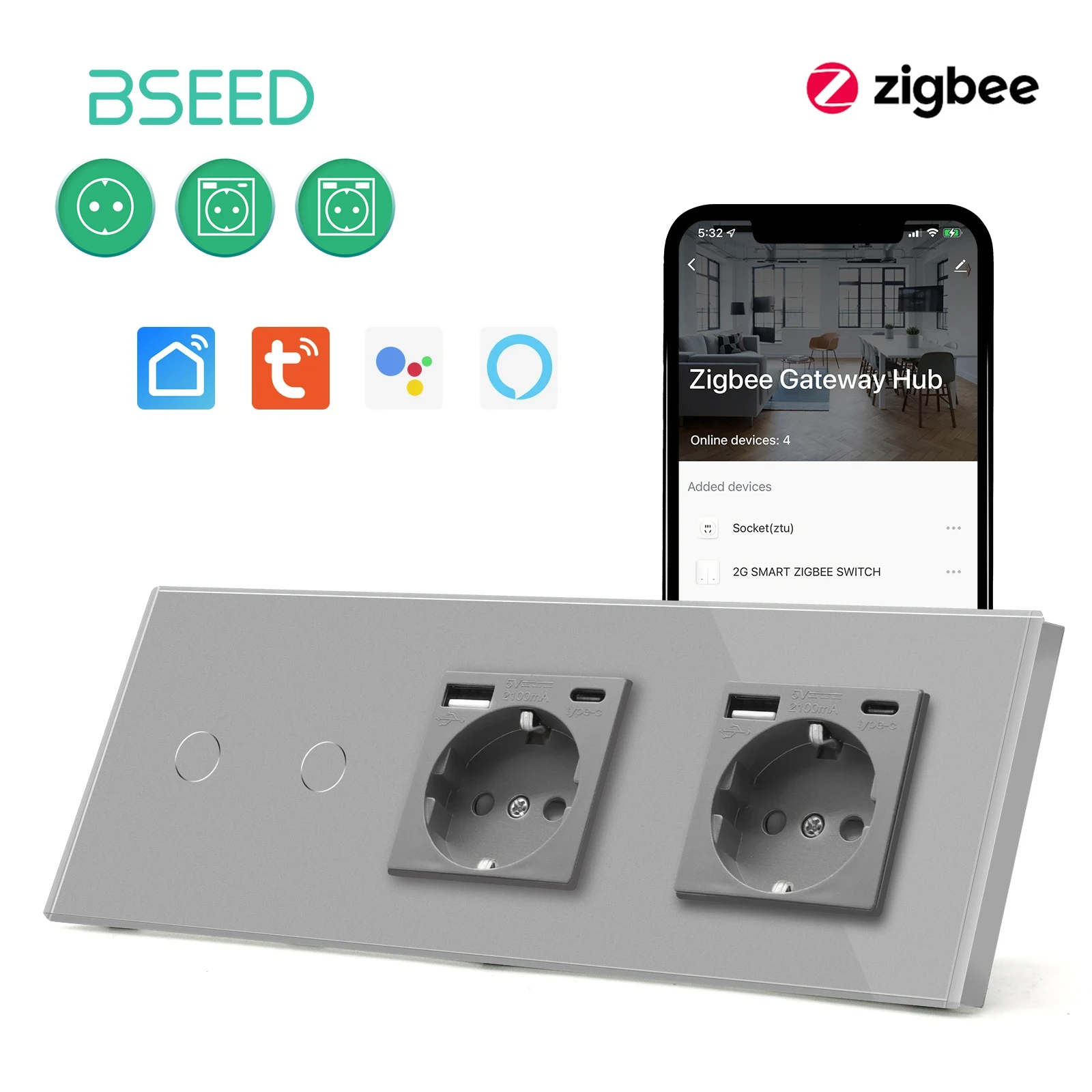 BSEED Zigbee Switches 1/2/3Gang 1Way Smart Wall Light Touch Switches Wireless App Control With EU USB Phone Charge Wall Sockets