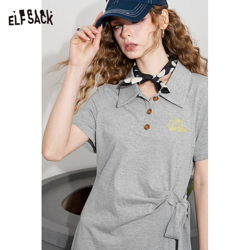 ELFSACK 2025 Summer New Arrival Casual Polo Collar T-Shirt Date Dress Pinch Waist Slim Short Skirt For Woman