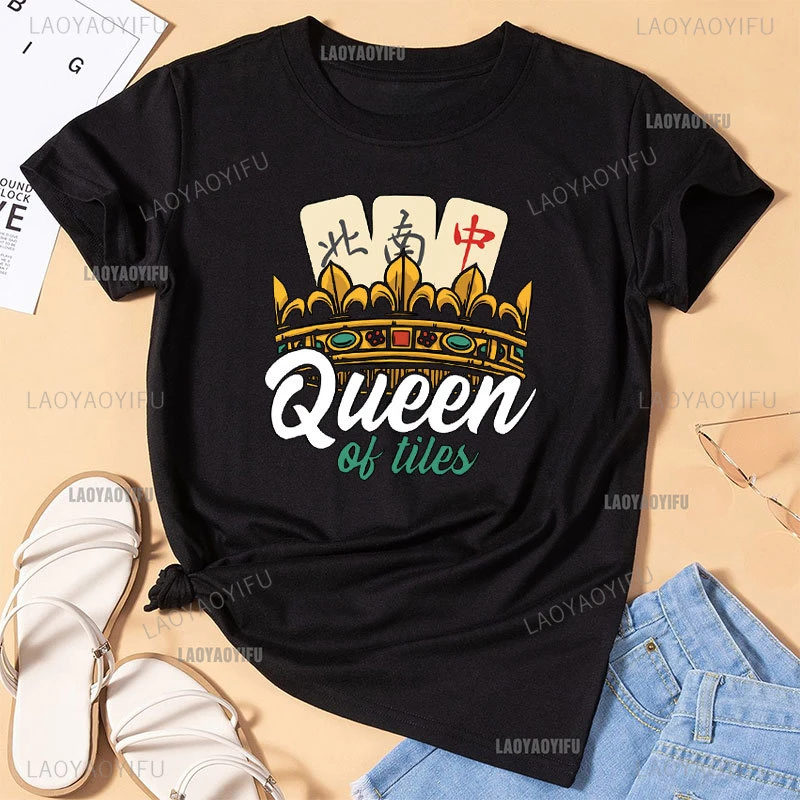 Mahjong Queen Camisa Top Cotton Men T-Shirts Creative Party Chinese Game Fan Gift Graphic Tshirt Harajuku Aesthetic Short Sleeve