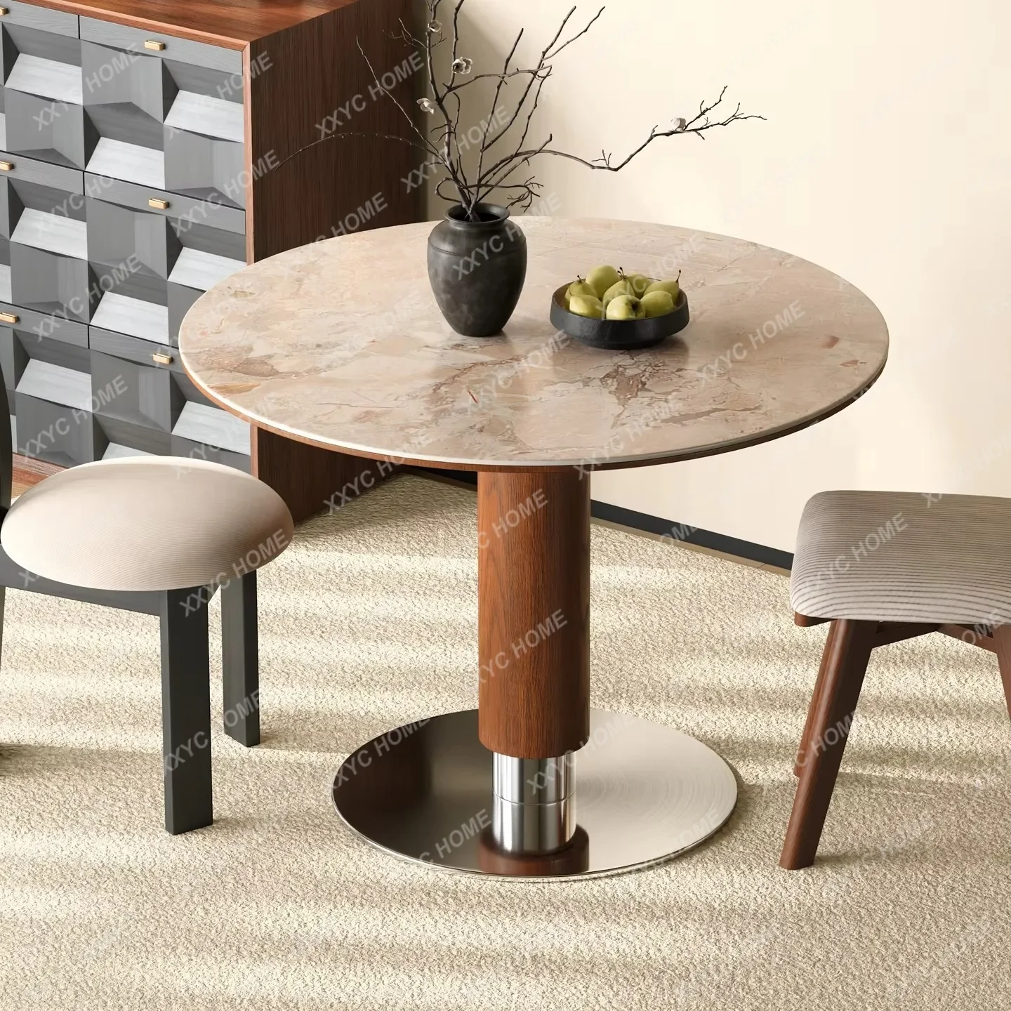 JSolid wood walnut dining table Via round table household medieval wind tunnel stone slab table
