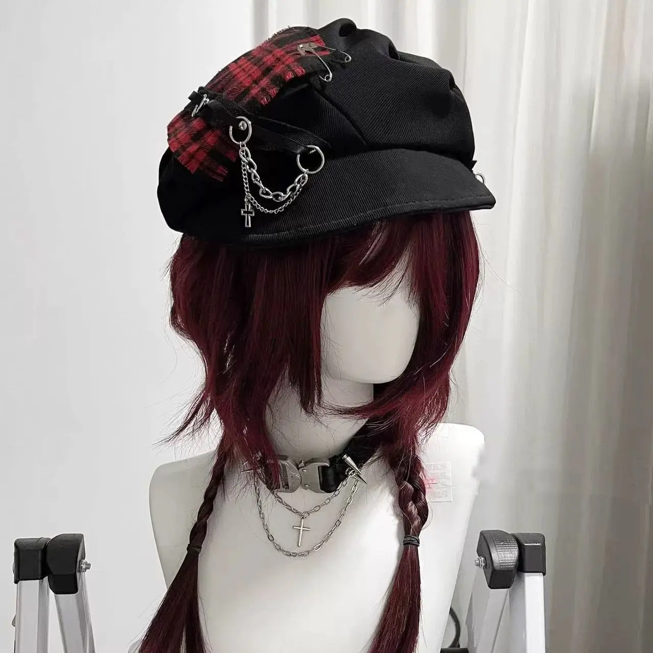 Y2k Sottocultura Punk Millennium Spicy Girl Croce Neutro Berretto a quadretti scuri Cappello da strillone con nuvola a tesa morbida