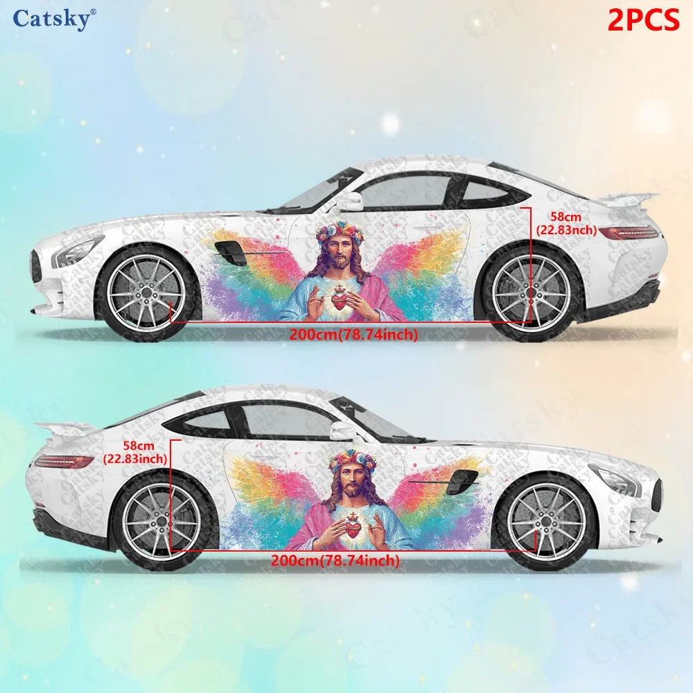2pcs Colorful Religious Angel Wings Car Side Wraps, Self-Adhesive PVC Waterproof & Scratch-Resistant Sticker, Car Accessory Gift