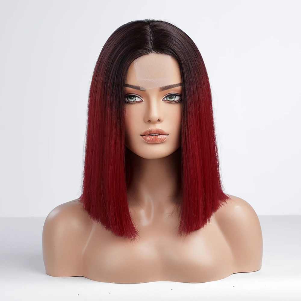 Short Ombre Wine Red Cosplay Wigs Synthetic Wigs for Women Straight Bob Hair Middle Part Natural Blonde Wigs Halloween Wig