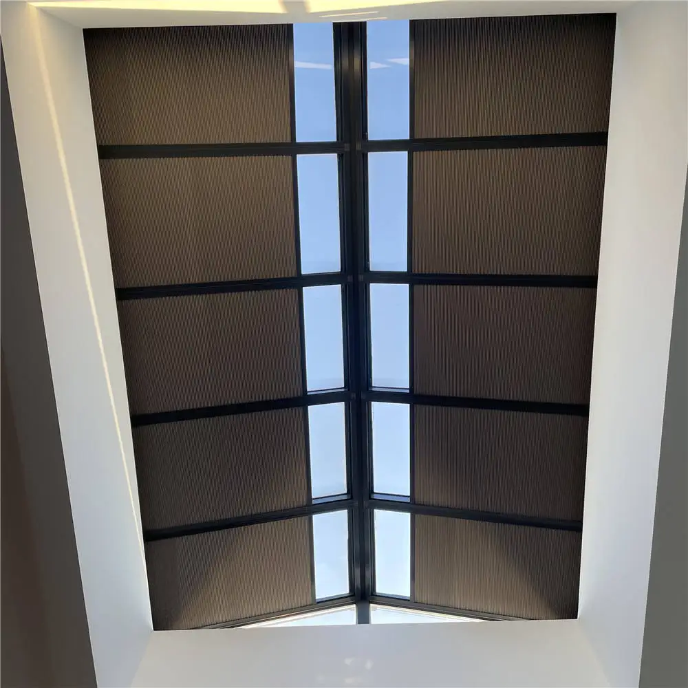 Upgrade velux skylights with motorized honeycomb blinds. Cellular blackout for roof windows. Easy control. Stylish home decor