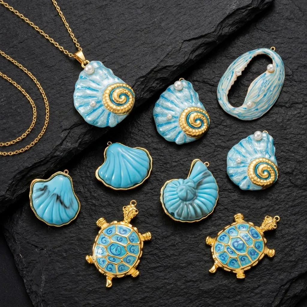 1pcs Enamel Blue Marine Animal Stainless Steel Pendant Conch Shell Turtle Charms For DIY Necklace Jewelry Making Supplies Crafts