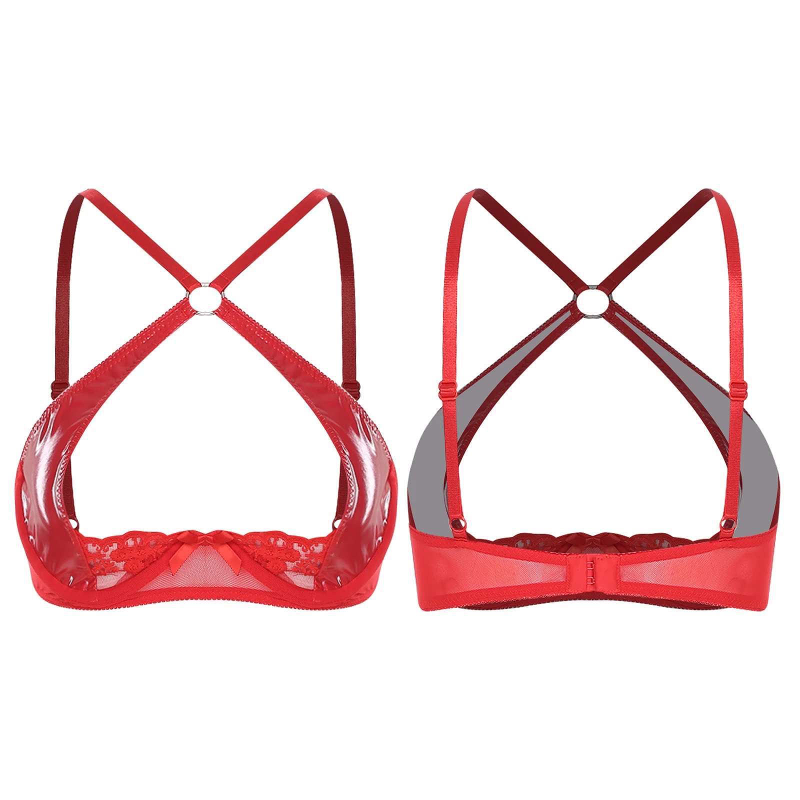 Sissy Women Lingerie Cutout Breast See Through Bra Underwear PU Embroidered Lace Crisscross Brassier for Dating Porn Nightwear