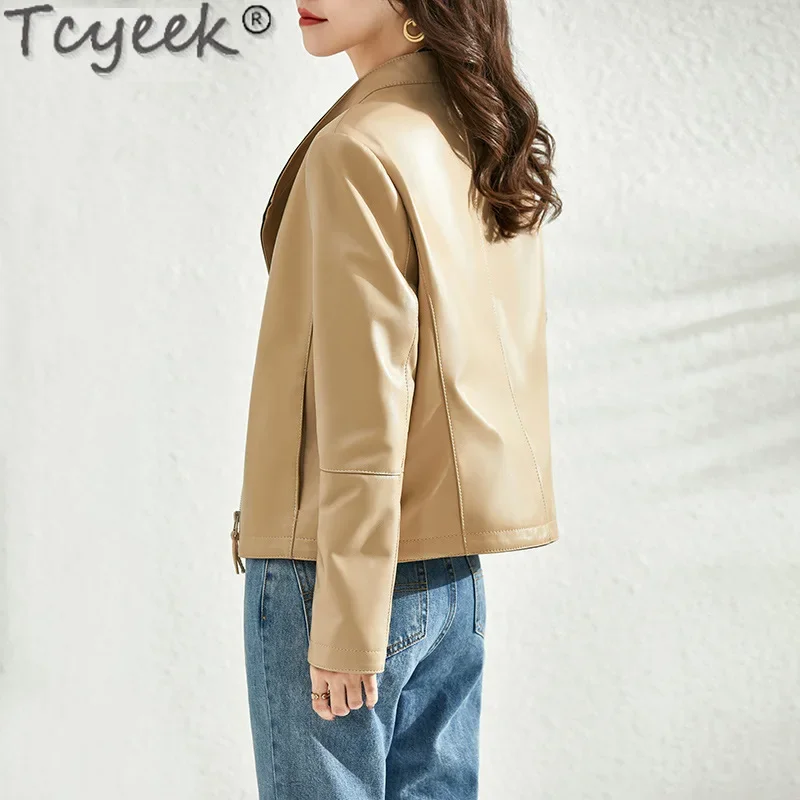 Tcyeek-女性用本革ジャケット,本物のシープスキンコート,女性用オートバイジャケット,24の春と秋の服