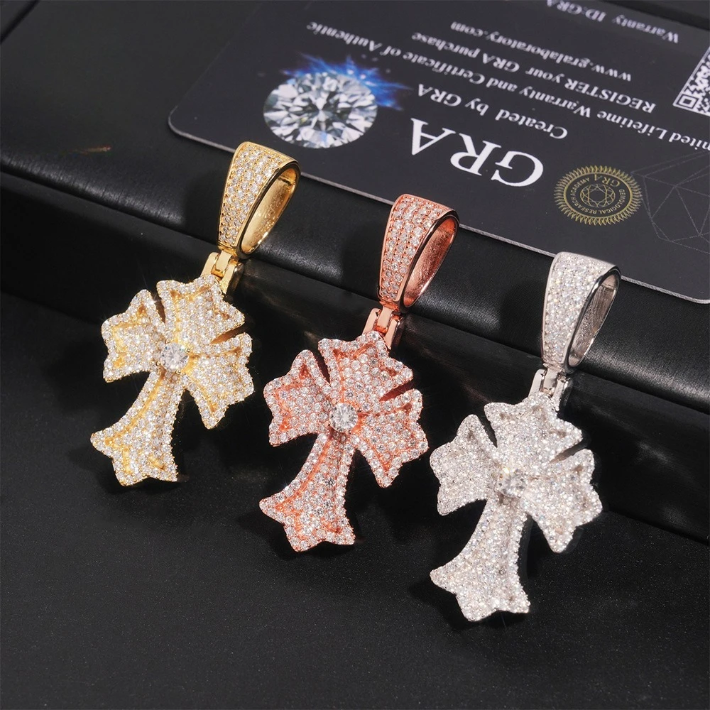 

Iced Out Moissanite Gothic Cross Pendant 925 Sterling Silver Rock Men Jewelry Diamond Religious Tennis Necklace Pass 10mm Gift