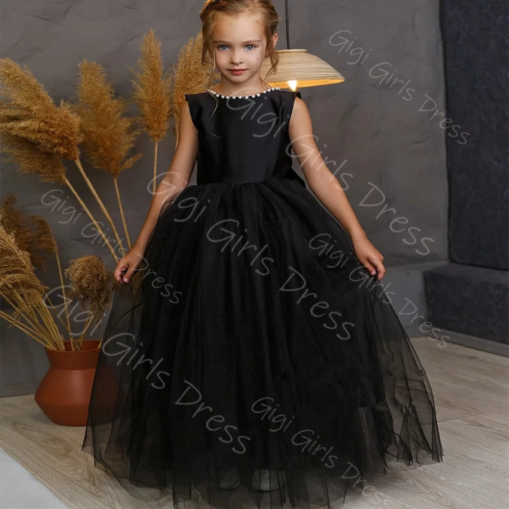 فستان حفلات للفتيات باللون الأسود برقبة سكوب مفتوح الظهر فستان فتاة الزهور لحفلات الزفاف مع اللؤلؤ مخصص للأطفال فساتين التواصل الأول #2
