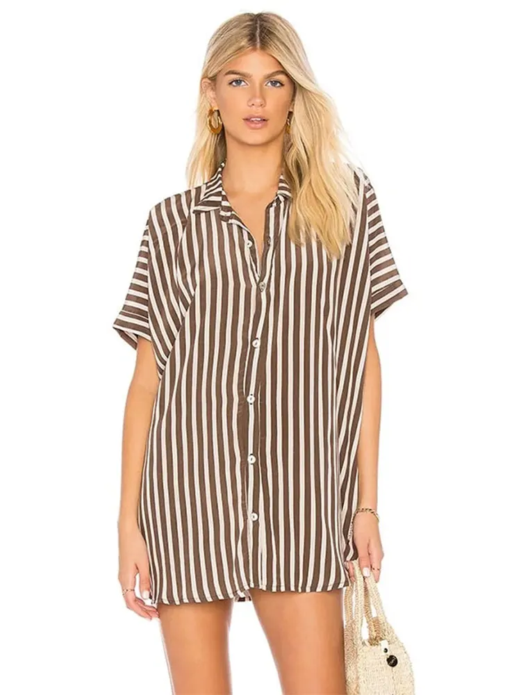 

2024 New Fashion Summer Women Grey Striped Printed Blouses Shirts Dress Casual Short Sleeve V Neck Beachwear Mini Dresses Q537