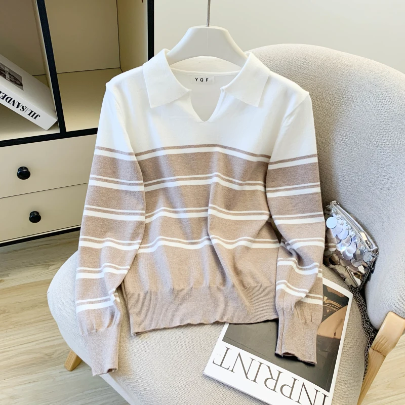 

Fashion Casual Loose Contrast Color Women Pullover Simple Basic Slim Woman Pullover Autumn New Korean Chic Polo Collar Sweater