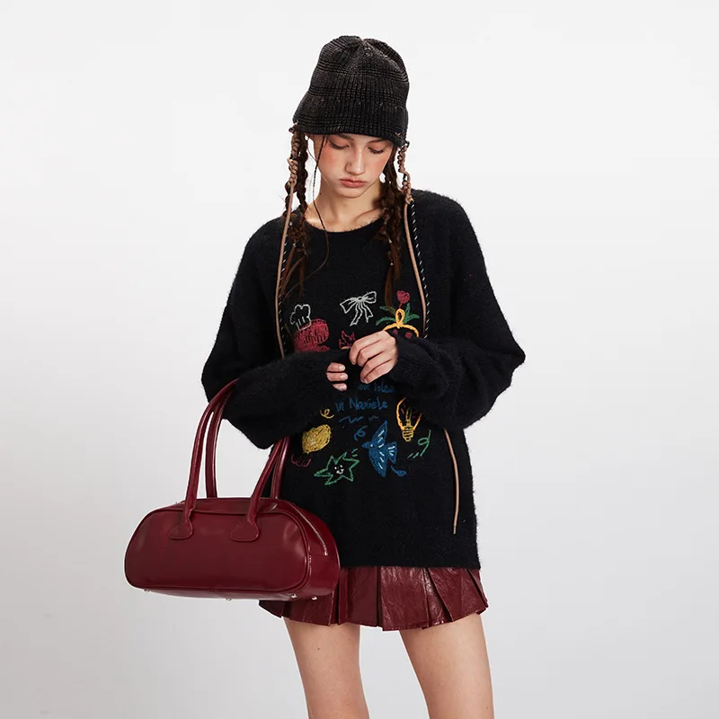 

New Style Round Neck Pullover Graffiti Soft Sweater for Women Autumn Winter Loose Lazy College Style Long Sleeve Knitted Top