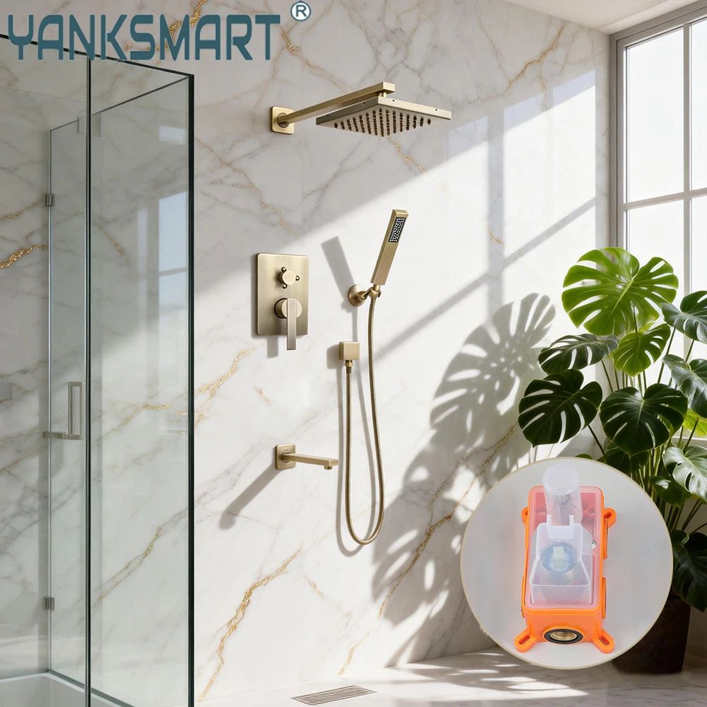 

Античный латунный смеситель для душа в ванную комнату YANKSMART, настенная Душевая система, скрытая встраиваемая коробка, дождевой смеситель, кран