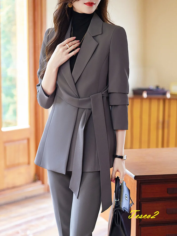 Tesco Fashion Office Lady Suit Women's Senior New Style Blazer+Pants Sets Jacket With Belt Elegant Outfits For Wedding Party