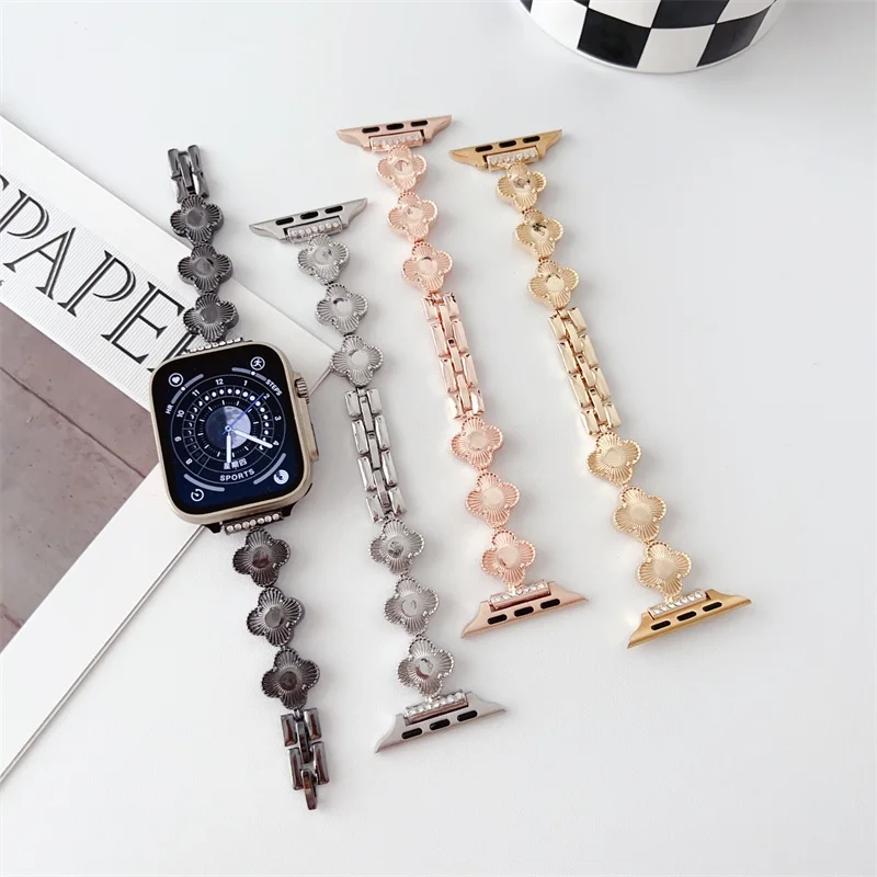 Creative Four Leaf Clover Groove Metal Stainless Steel Strap for Apple Watch Ultra 49mmFashion Lady Watchband