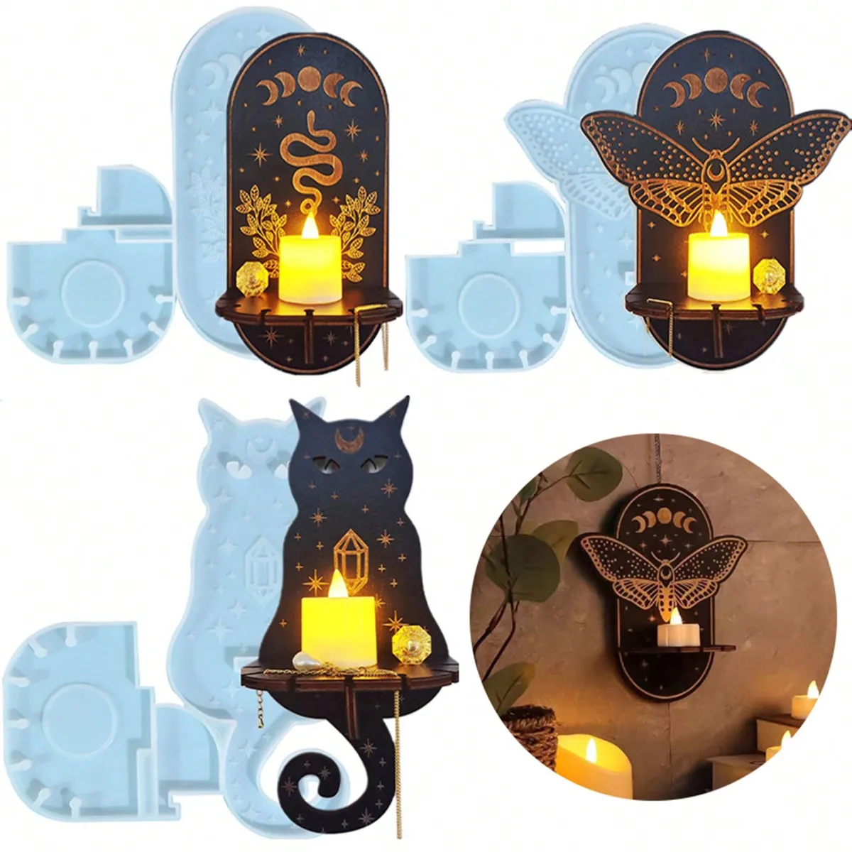 1Pc Halloween Wall Mounted Candle Holder Silicone Mold - Cat Moth Totem Pattern Epoxy Resin Mold for DIY Candle Stick Decor
