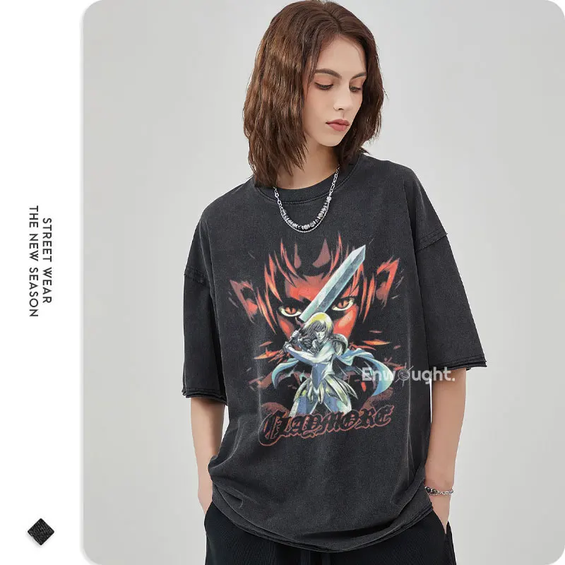 Anime Claymore T-shirts Vintage Washed Anime Clare T Shirt Oversize Hip Hop DTG Printing Manga Short Sleeve Tops Tees Cotton