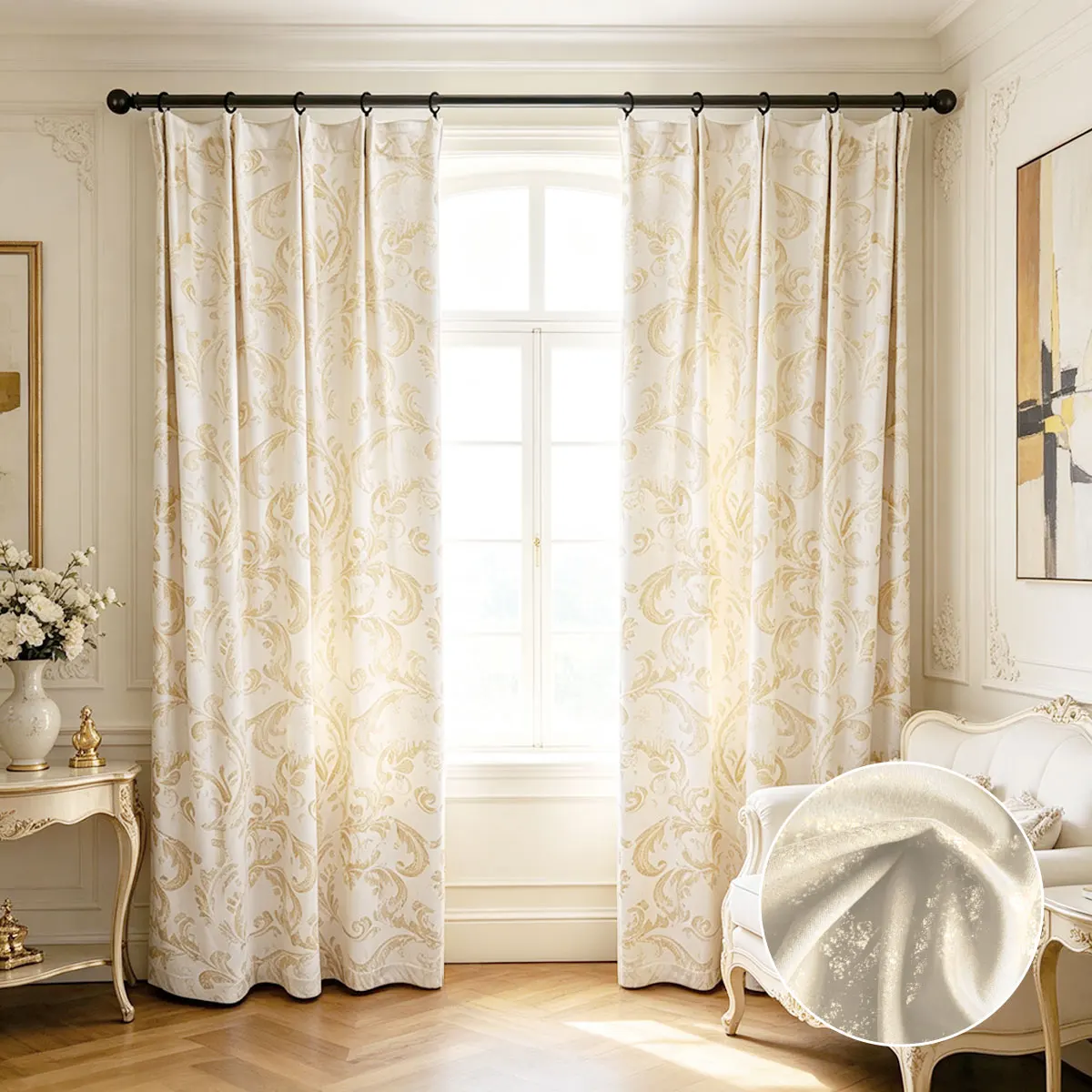 Cream Velvet Pencil Pleat Curtains Set of 2 Golden Foil Floral Drape Four Prong Hook Luxury Curtain For Bedroom Living Room