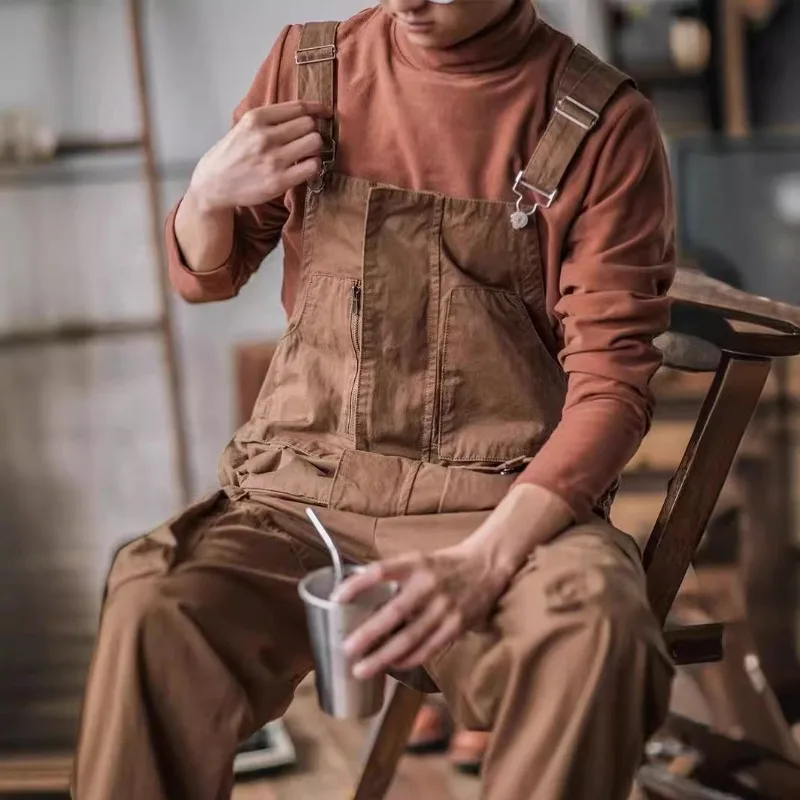 

Мужской винтажный комбинезон нагрудник, хлопковый комбинезон свободного покроя, брюки-карго, модная рабочая одежда, свободный комбинезон с карманами