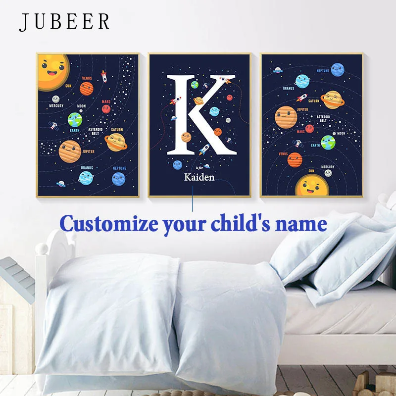 Custom Name Poster Personalized Custom Print Cartoon Space Children Room Decoration Picture for Boy Room Decor Solar System Art