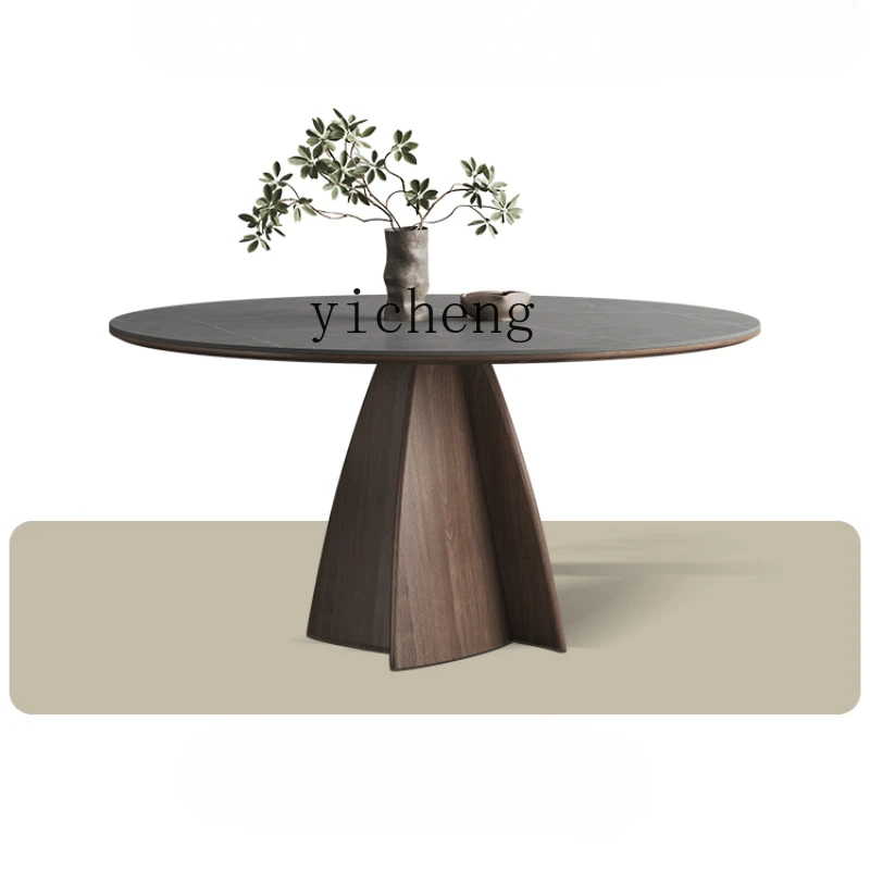 Tqh Retractable round Table Light Luxury High-End Multi-Functional Rotating Italian Solid Wood Stone Plate Dining Table