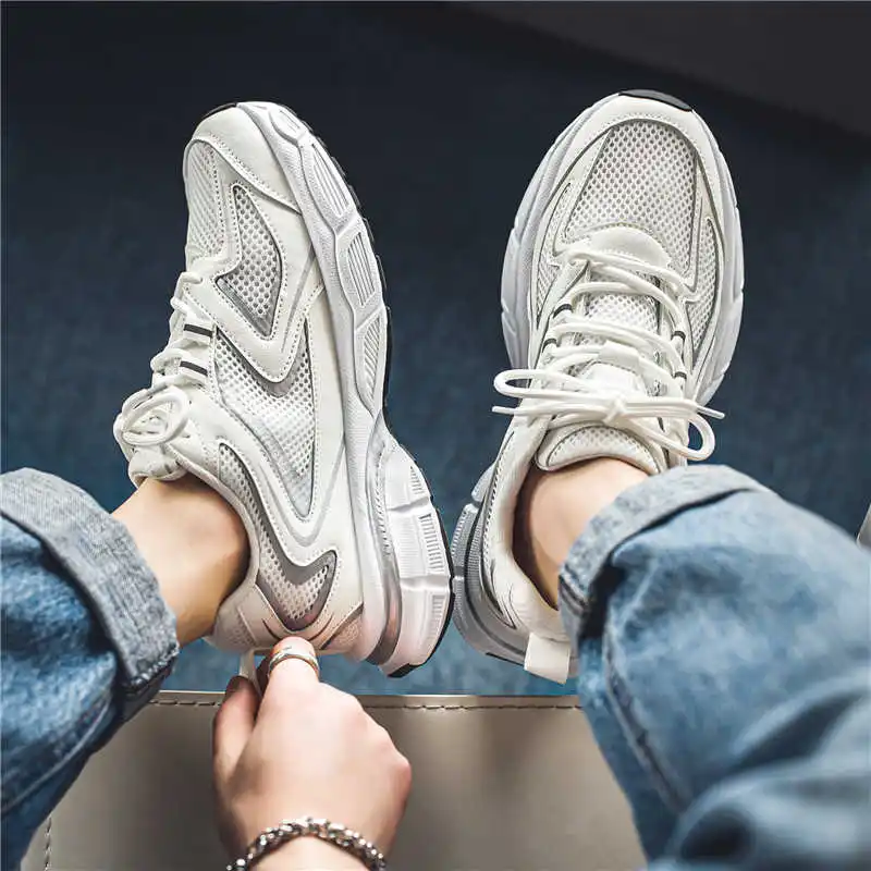 

Мужские ботинки-кроссовки с круглым носком на высокой подошве, большие размеры, спортивные, люксовые, для тренировок, хит продаж