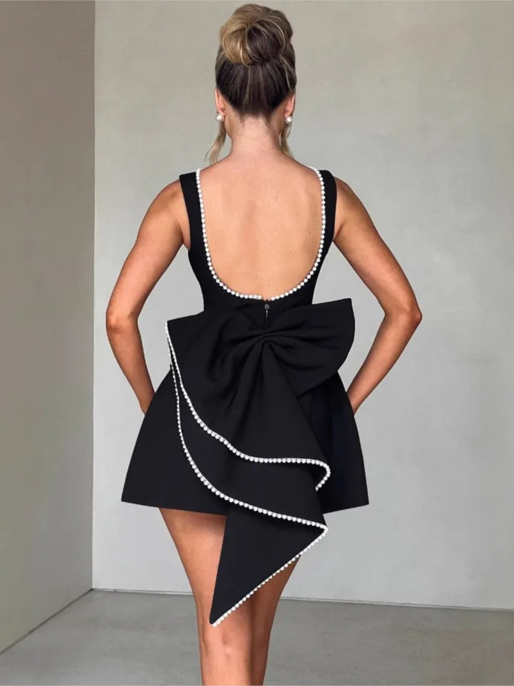 

Summer Dresses 2026 Woman Pearl Bow Fashion Evening Dress Sexy Slim Backless Solid Color Sleeveless Mini Vestidos Simple Style