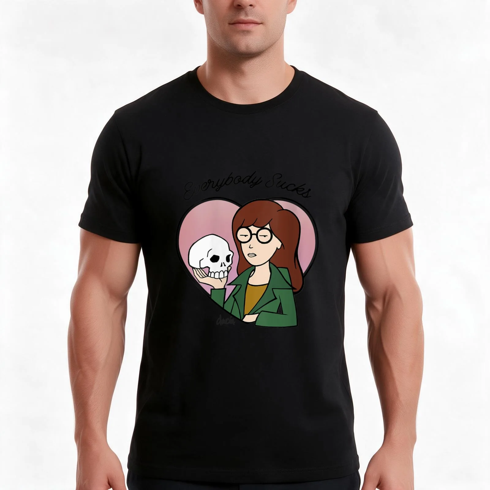 Womens Daria Everybody Sucks Macbeth Skull Heart Full T-Shirt, Vintage Retro Graphic Tee, Unisex Summer Casual Streetwear Top