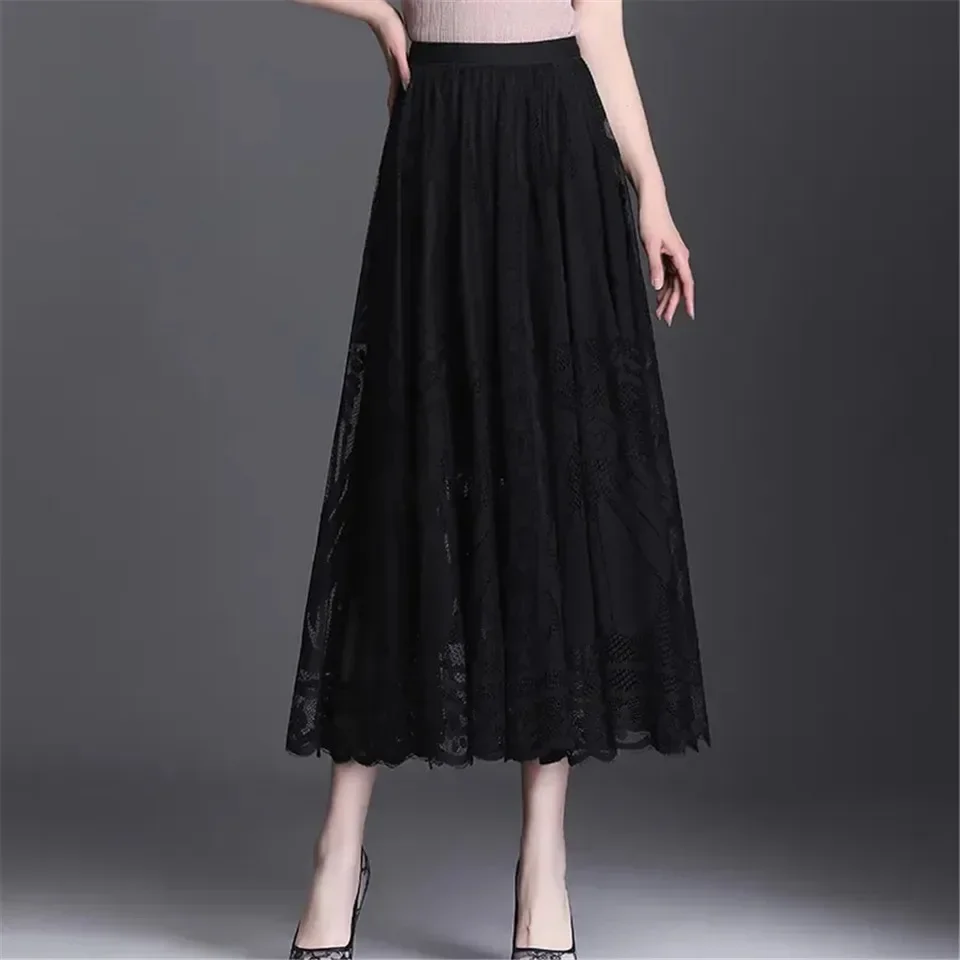 Lace Skirt Women\'s New A-word Long Skirts ladies Spring Summer Big Swing Gauze Hollow Midi Pleated Skirt Casual Office