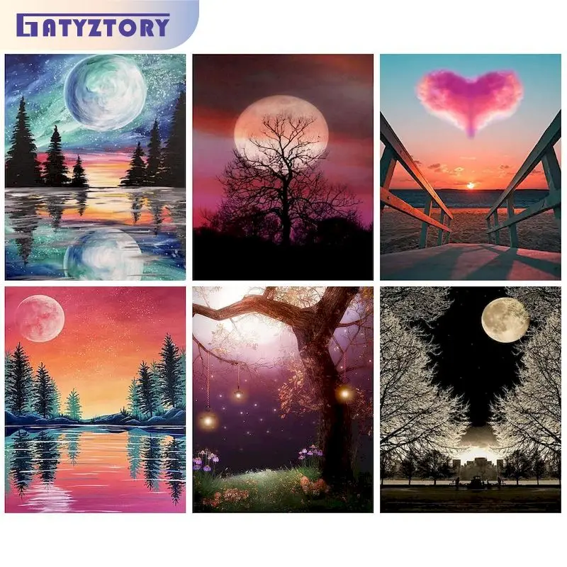 

GATYZTORY Modern Diamond Embroidery With Frame Moon Night Cross Stitch Round Square Diamond Mosaic Embroidery Home Decors