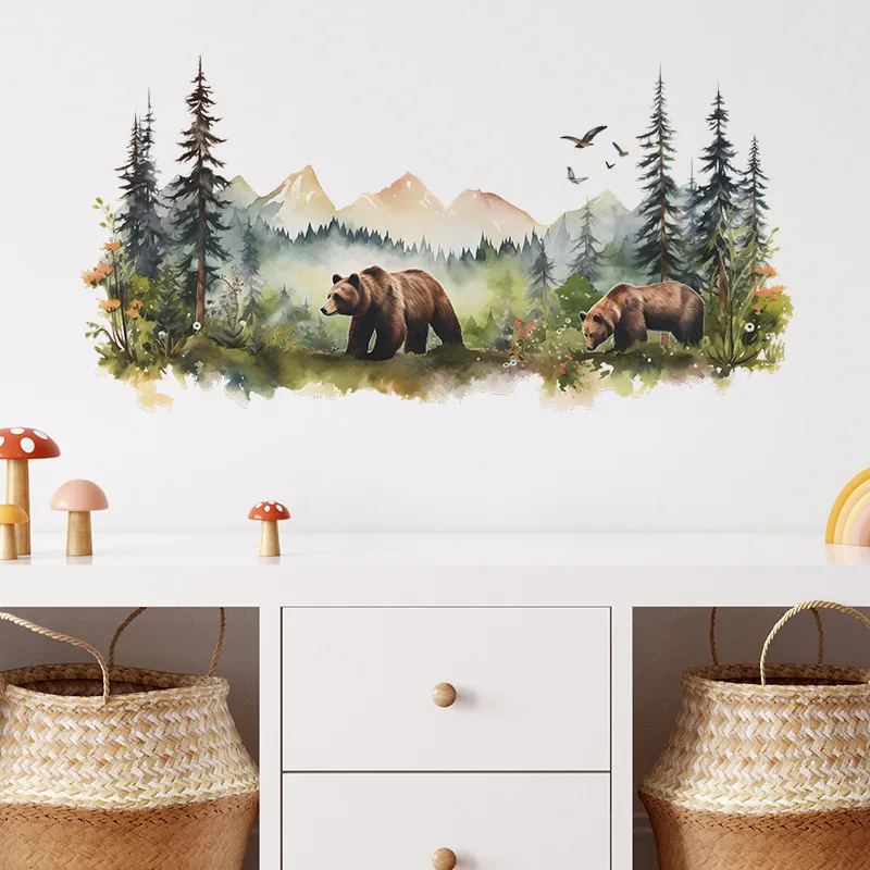 

Painted Forest Brown Bear Wall Stickers Living Room Background Home Decoration Wallpaper Kids Bedroom Decor Self-adhesive Decals