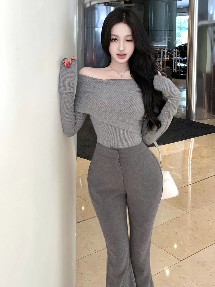 Korean Fashion High Waist Knitted Long Sleeve One Shoulder Top And Pants Set Sexy Slimming Clothing Casual Workwear