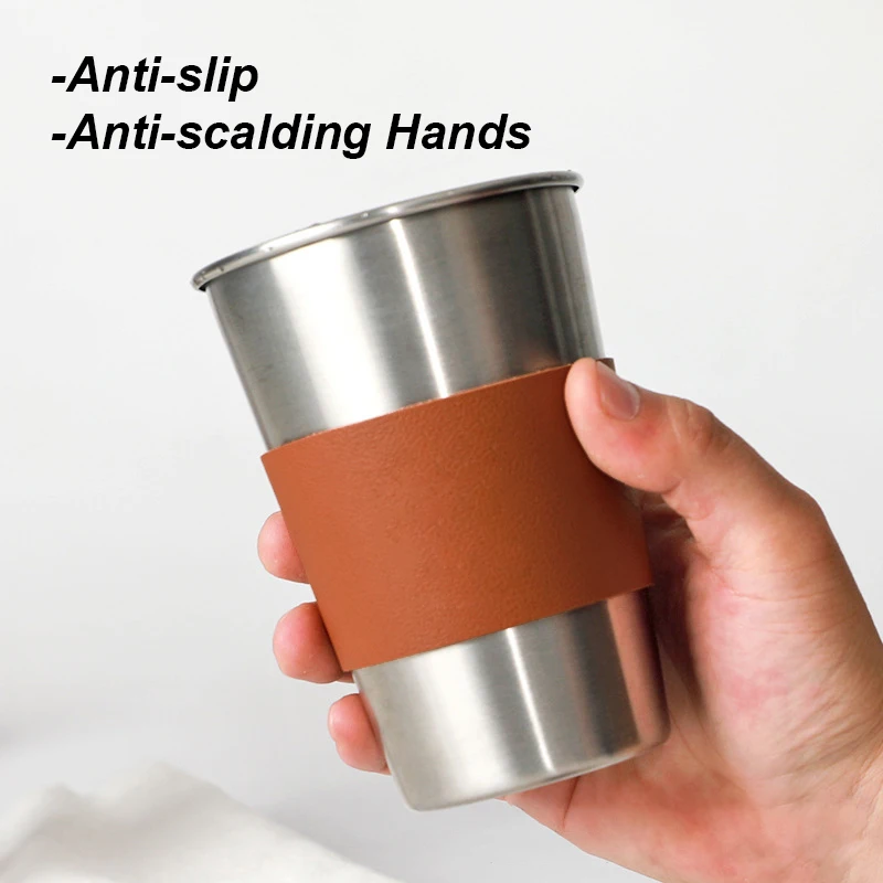 Pu Leather Anti-scald Cup Sleeves Anti-slip Heat-insulating Portable Brown Cup Sleeves for Stainless Steel Cup, Coffee Cup