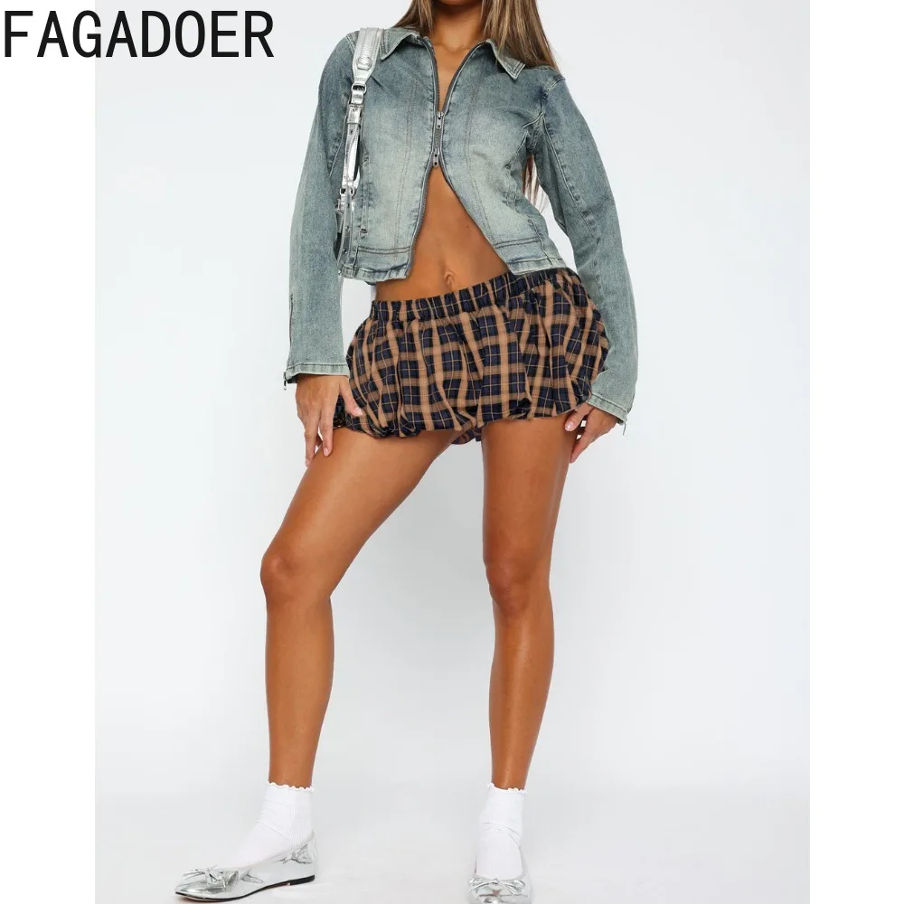 FAGADOER Y2K Sweet Plaid Bubble Puffy Mini Skirts Women Fashion High Waist Ruched Skirts Hot Girl Street Wear Basic Bottoms New